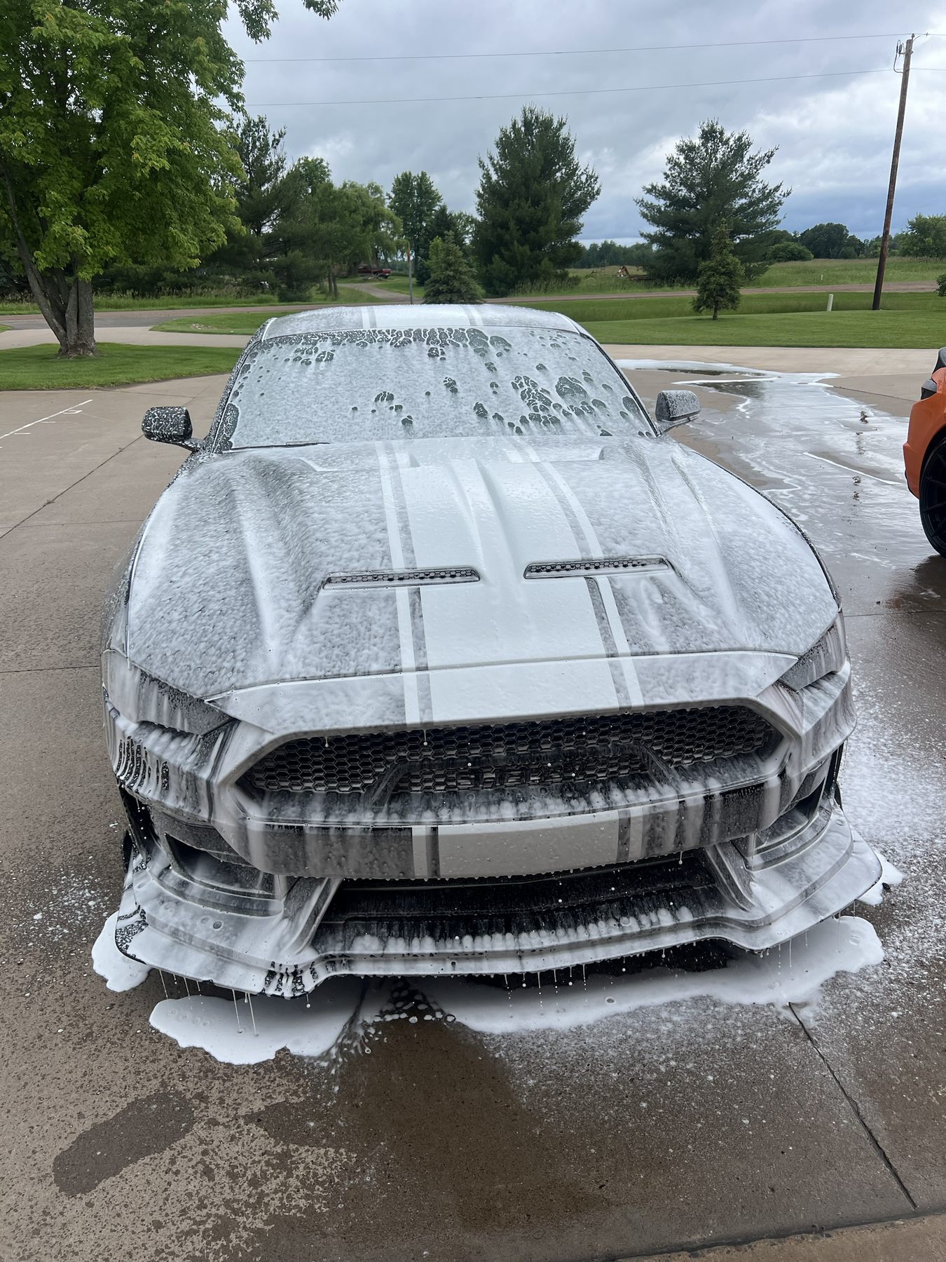 Foam wash process on a black Mustang